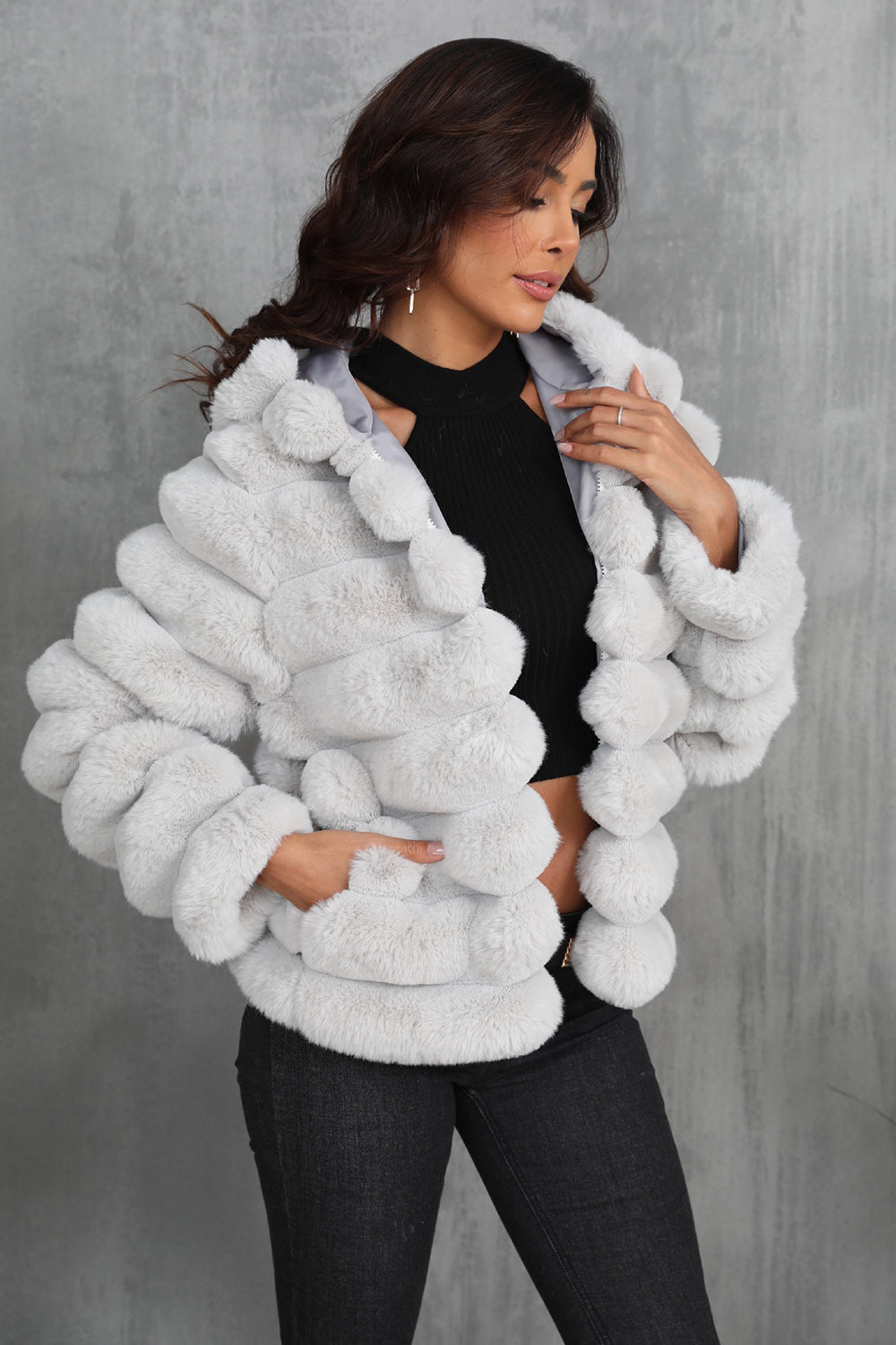 Black fluffy faux-fur cropped zip-up jacket with hood