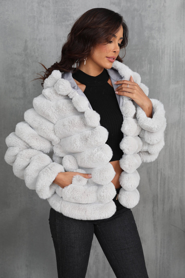 Black fluffy faux-fur cropped zip-up jacket with hood