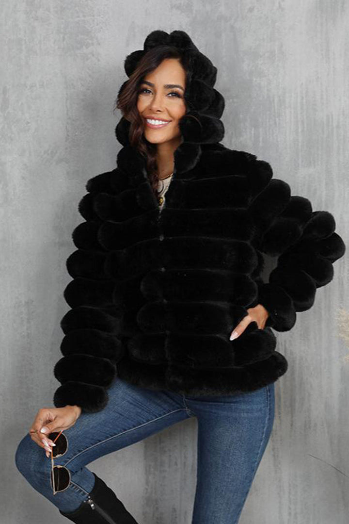 Black fluffy faux-fur cropped zip-up jacket with hood