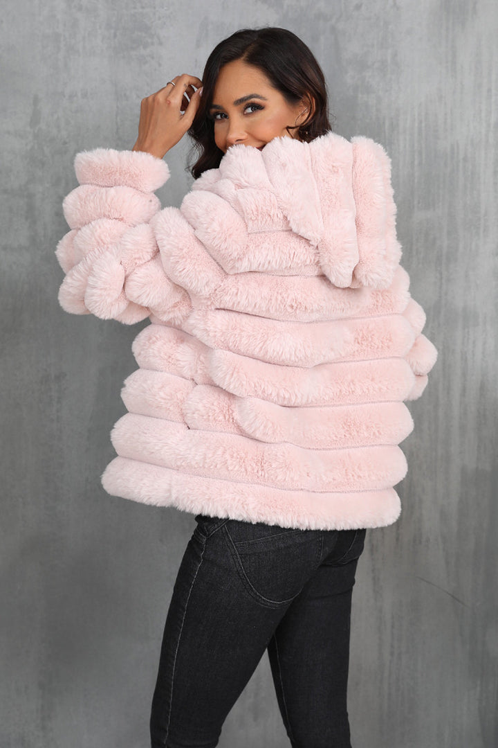 Black fluffy faux-fur cropped zip-up jacket with hood