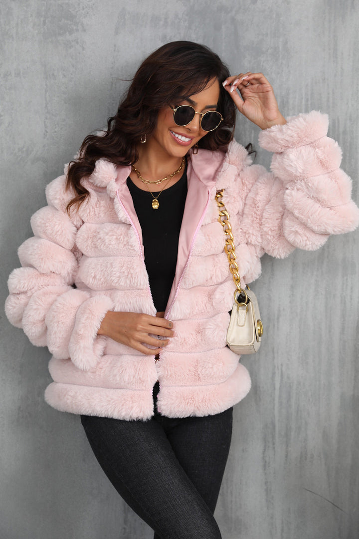 Black fluffy faux-fur cropped zip-up jacket with hood