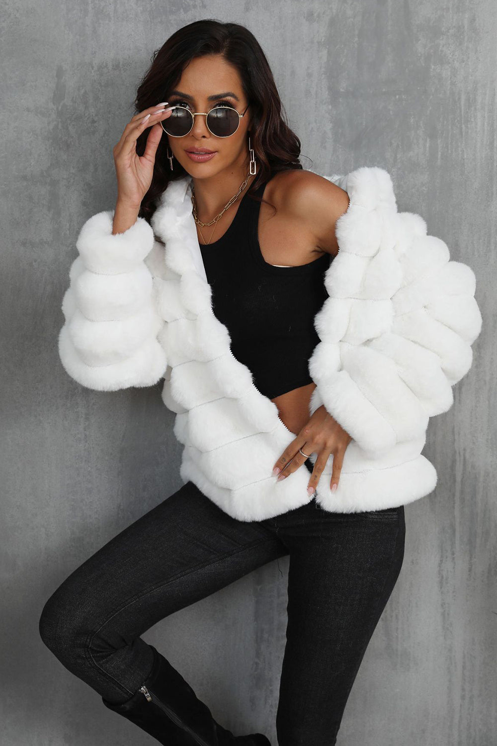 Black fluffy faux-fur cropped zip-up jacket with hood