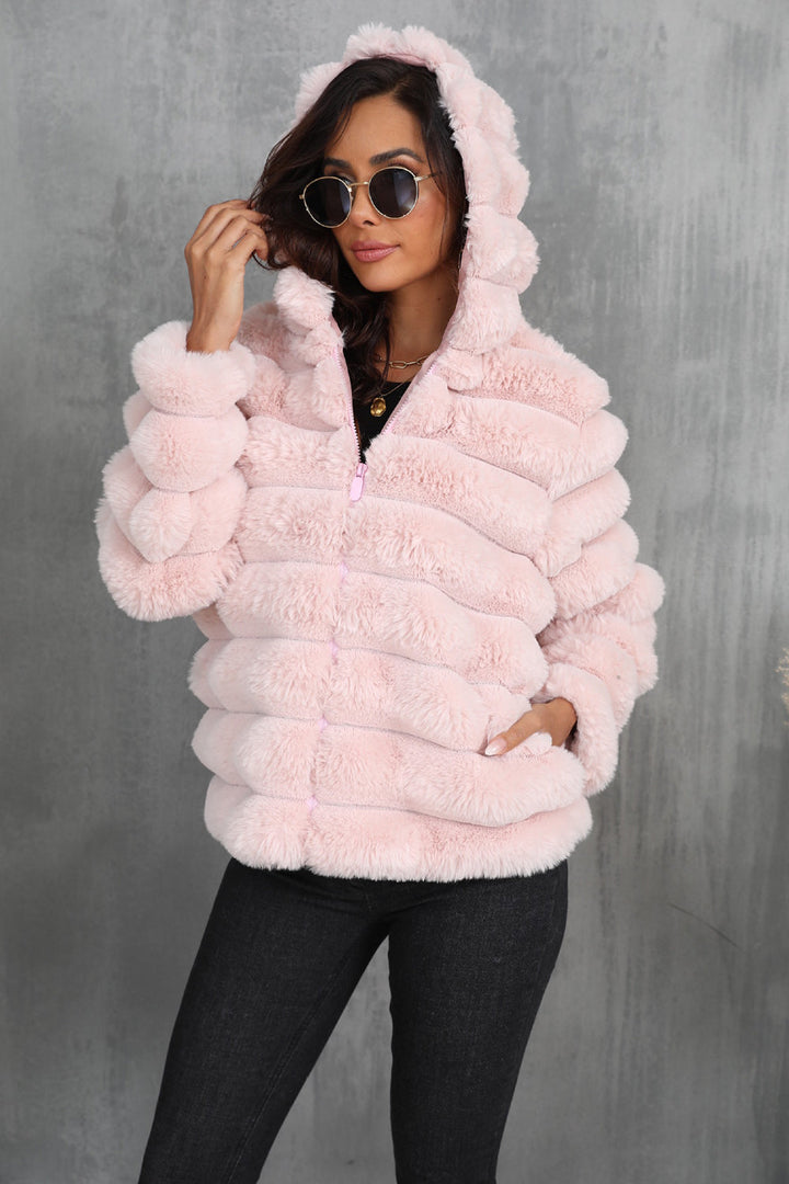 Black fluffy faux-fur cropped zip-up jacket with hood