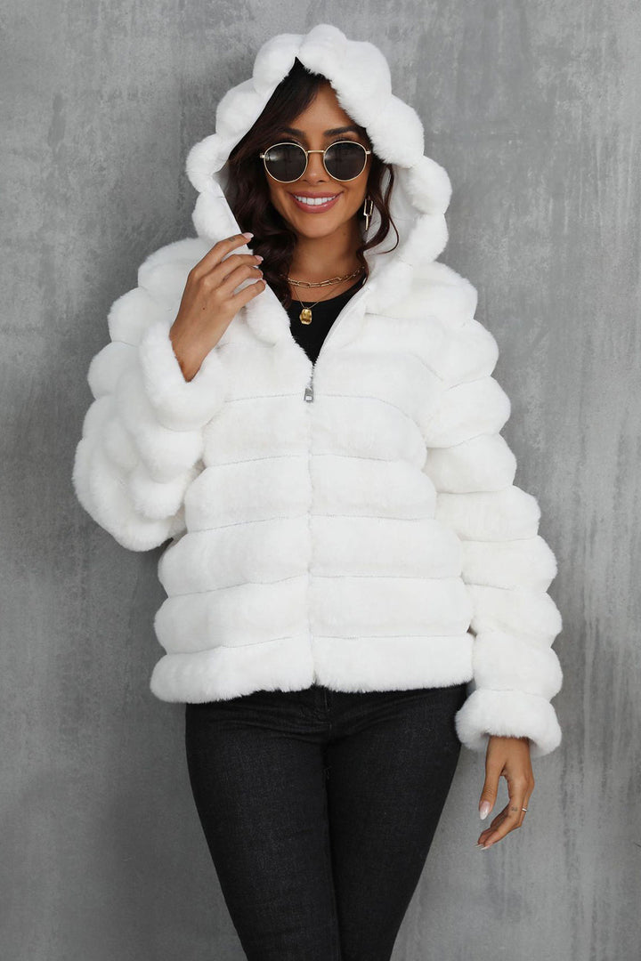 Black fluffy faux-fur cropped zip-up jacket with hood