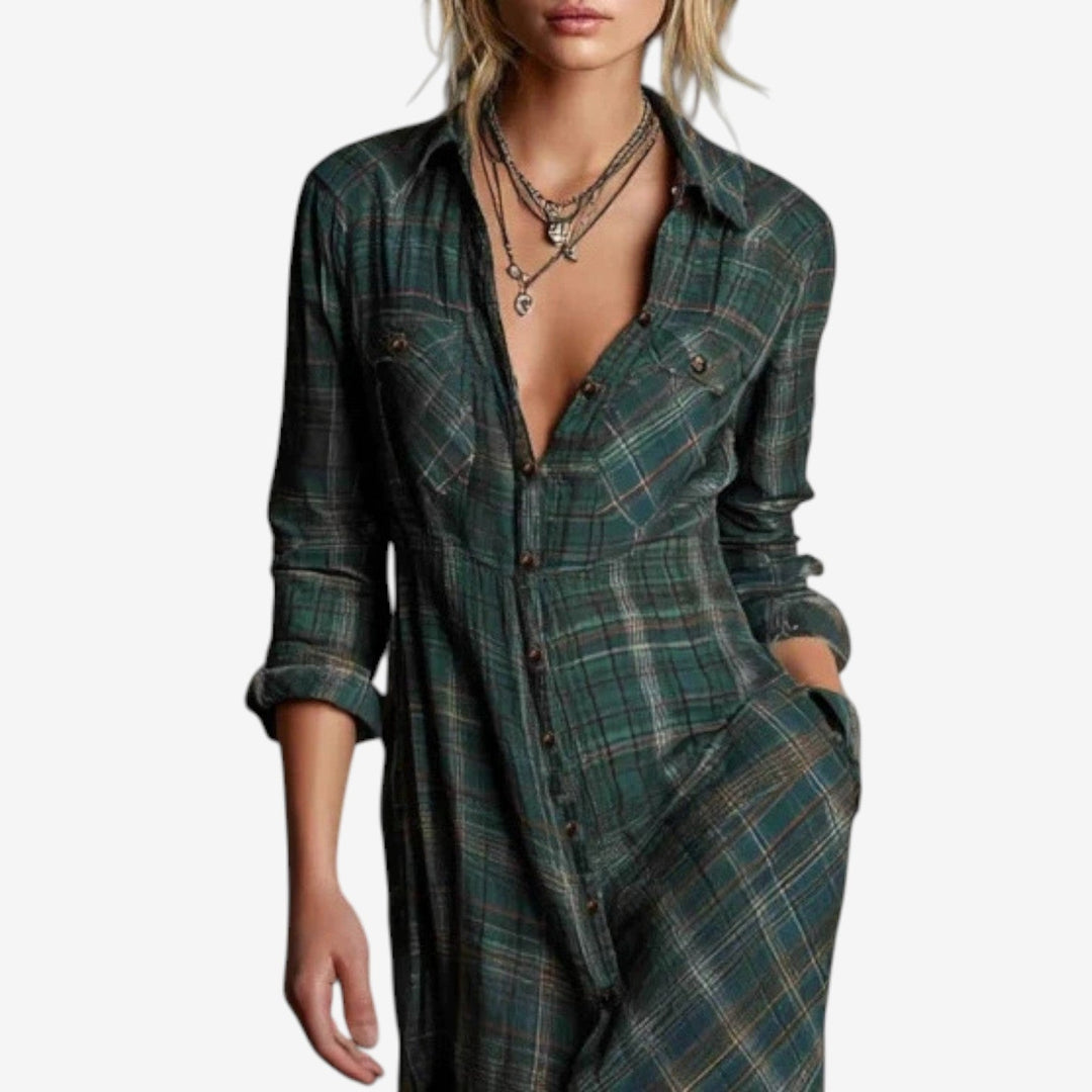 Green Plaid Button-Down Maxi Shirt Dress