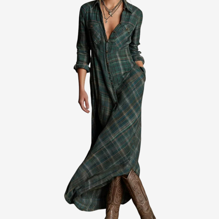 Green Plaid Button-Down Maxi Shirt Dress