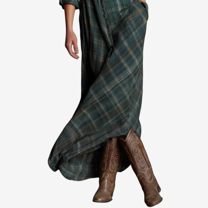 Green Plaid Button-Down Maxi Shirt Dress