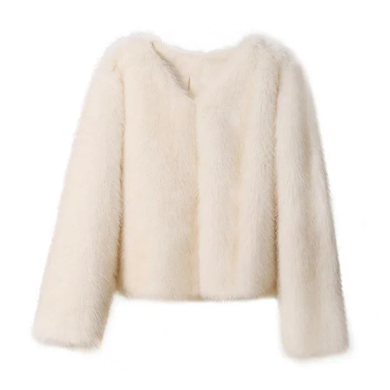Luxury Pink Fluffy Faux Fur Coat – Women’s Elegant Winter Jacket