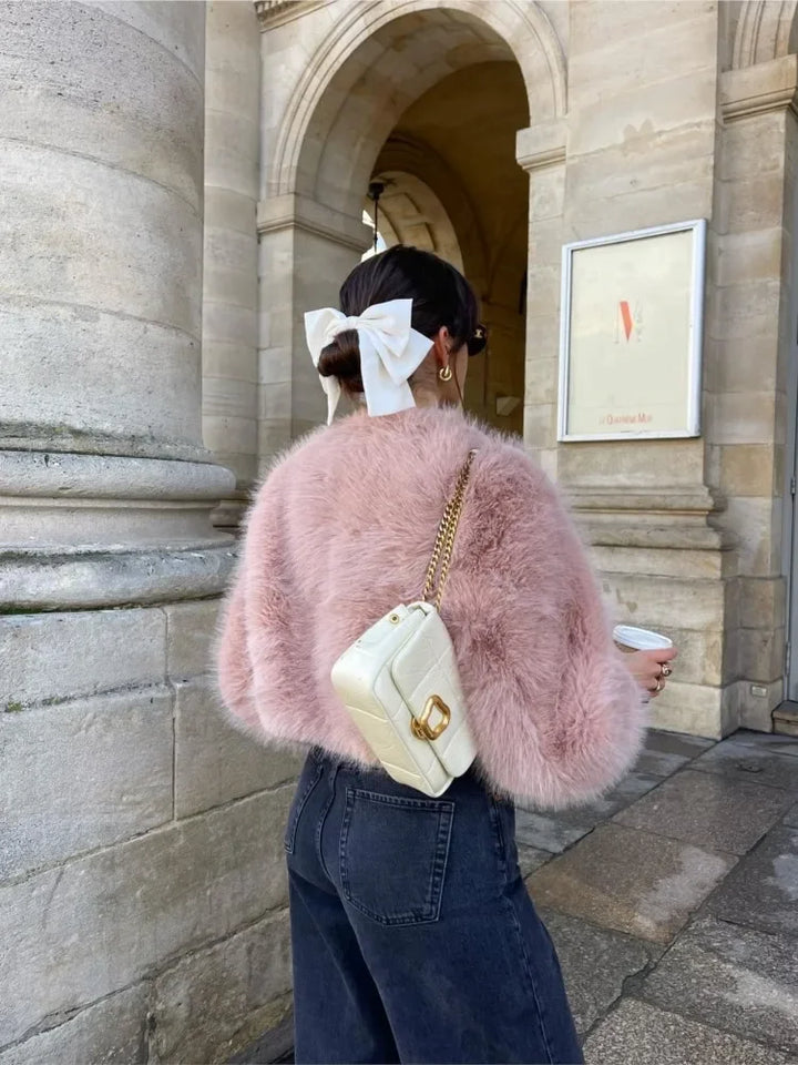 Luxury Pink Fluffy Faux Fur Coat – Women’s Elegant Winter Jacket