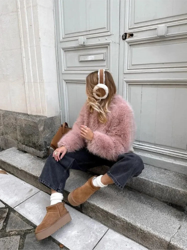 Luxury Pink Fluffy Faux Fur Coat – Women’s Elegant Winter Jacket