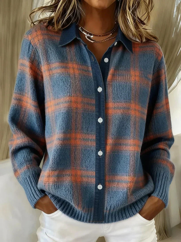 The Denim Trim Plaid Knit Blouse