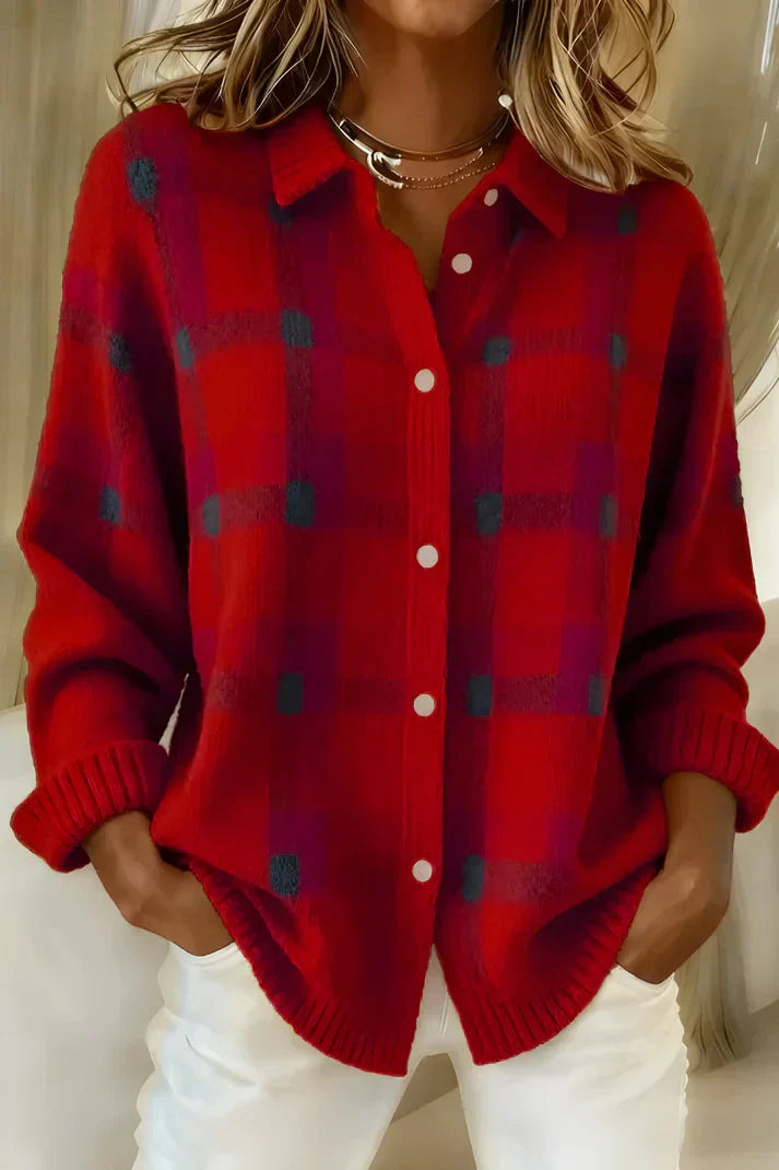 The Denim Trim Plaid Knit Blouse