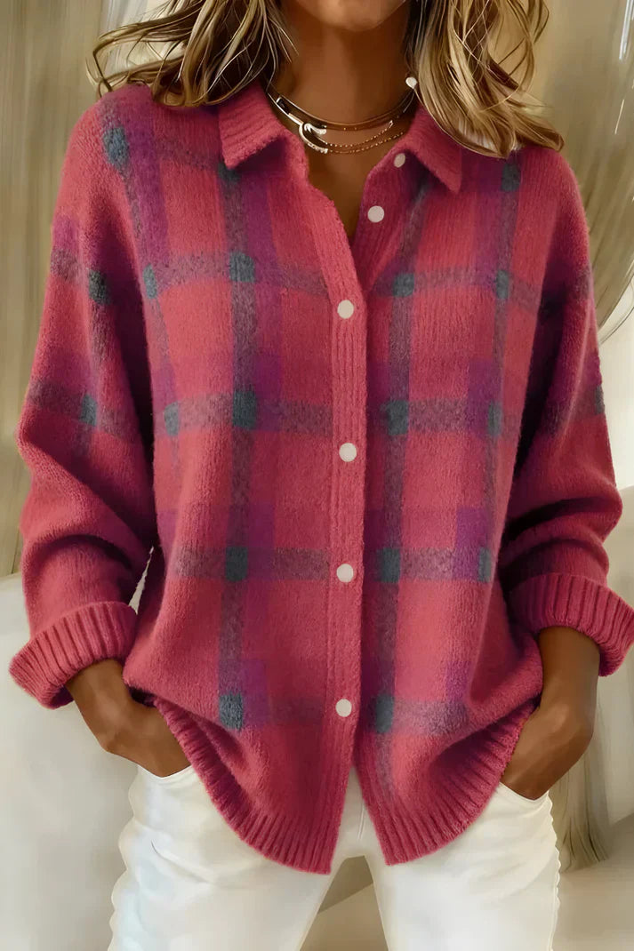The Denim Trim Plaid Knit Blouse